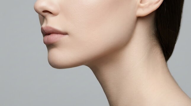 Closeup of a young womans face with smooth skin, side profile view, showing jawline and neck, beauty and skincare concept