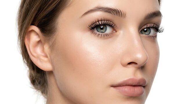 Closeup portrait of a beautiful young woman with natural makeup and long eyelashes isolated on white background