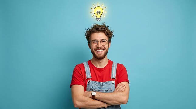 Portrait of a happy young man with a beard wearing glasses and denim overalls, smiling with arms crossed, having a bright idea with a light bulb icon above his head
