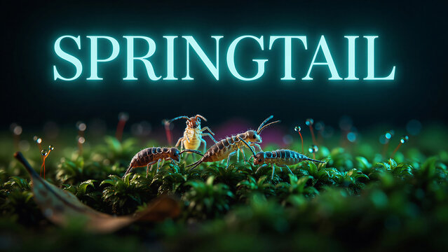 A closeup view of springtail insects among lush green moss illustrating their habitat and natural behavior in a vibrant ecosystem environment
