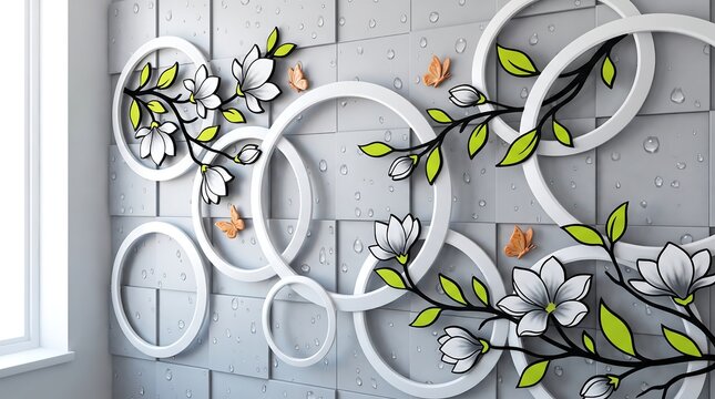 3d wallpaper design with white circular frames, magnolia flowers, green leaves, and orange butterflies on a grey tiled background with water droplets