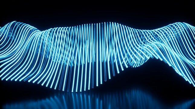 Futuristic blue light wave background, abstract glowing neon lines on black, digital fiber optic data stream, high-tech motion graphics aesthetic