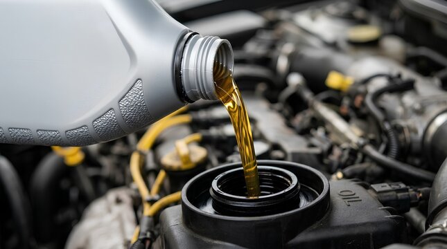 Pouring fresh synthetic motor oil from silver plastic bottle container into automobile car engine close up maintenance service