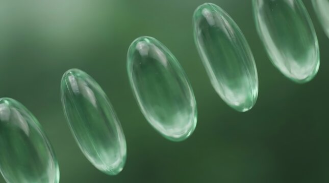 Natural green softgel capsules in a row, herbal medicine liquid pills for wellness, organic supplement gelcaps on blurred background
