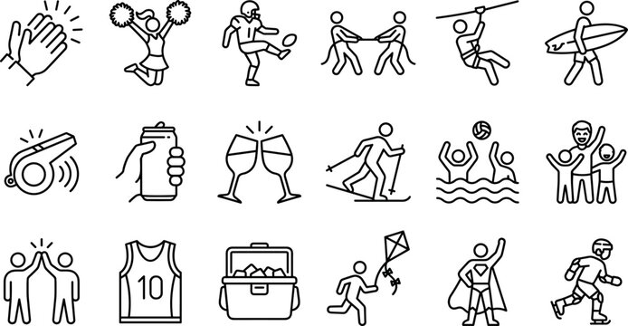 Sports entertainment recreation and outdoor team activities thin line icons set isolated on white background