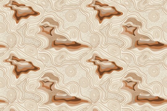 Abstract seamless pattern with topographic map style lines and layered brown shapes on a light beige background, organic flowing contour lines