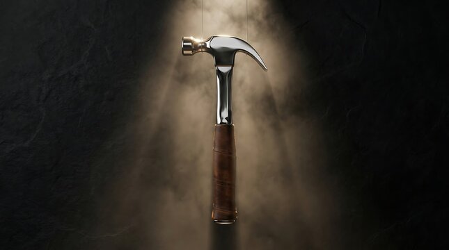 Professional steel claw hammer with wooden handle, dramatic spotlight on construction tool, cinematic lighting on carpentry equipment against dark background