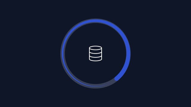 Minimal animated circular progress ring with a database icon on a dark background. Modern motion graphic for data storage, database management, cloud computing, loading, and technology interfaces.