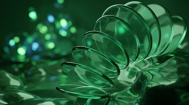 Abstract green glass discs in spiral arrangement, futuristic emerald crystal structure, translucent geometric shapes with bokeh lighting