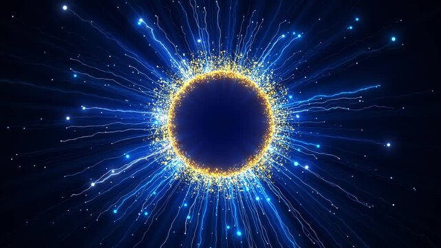 Blue and gold energy sphere glowing circular core, electric radial lines, particles, dark space depth. AI visuals, data network intros, cyber promos, science explainers, futuristic motion overlays.