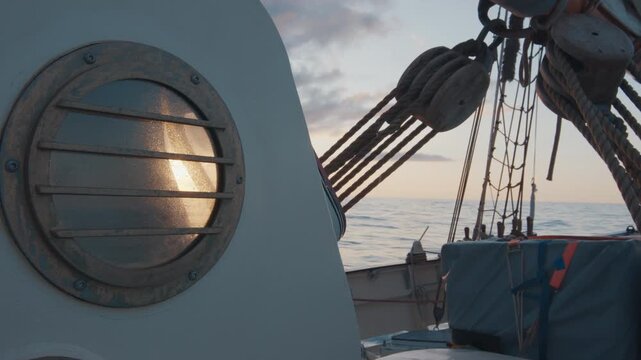 Sailing boat moves in the Atlantic Ocean, details of the vessel