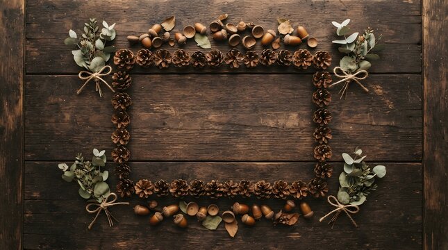 Rustic thanksgiving background with pinecones and acorns autumnal wood texture