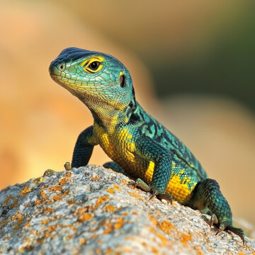 Vibrant blue-green and yellow lizard with intricate scales perches on a lichen-covered rock, looking up keenly against a blurred background