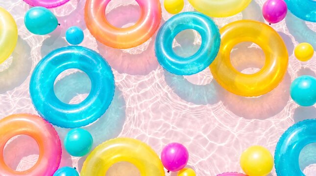 Top view of colorful inflatable pool rings and balloons floating on water surface, summer vacation concept