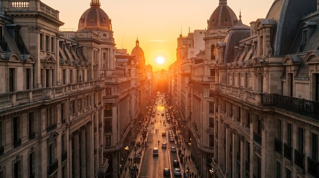 Stunning sunset view over a historic europeanstyle city street in buenos aires, argentina, featuring grand architecture and golden hour light