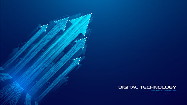 Technological breakthrough or business growth. Vector illustration with futuristic bright luminous arrows formed by printed circuit board lines. Development success or market expansion concept.