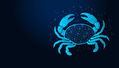 Neon low poly wireframe cancer zodiac sign on dark blue background. © YULIYA