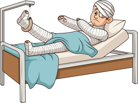 Cartoon heavily injured man in hospital bed vector illustration