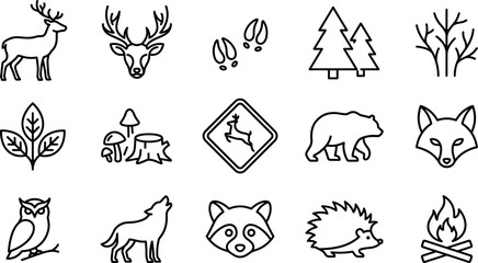 Fototapeta premium Forest Wildlife and Nature Line Icon Set Featuring Deer Bear Wolf Owl Fox Raccoon Hedgehog and Campfire Symbols for Outdoor Adventure Graphic Designs
