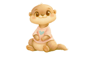 Fototapeta premium cute baby otter wearing pastel pink shirt with small teal heart printed on the chest