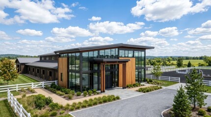Fototapeta premium A modern equestrian center exterior features glass walls and wood siding in a sunny rural landscape.