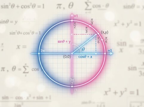 A unit circle with labeled sine and cosine functions displayed against complex mathematical formulas.