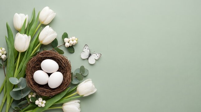 Easter composition with white tulips, eggs in a nest, and a butterfly on a soft sage green background