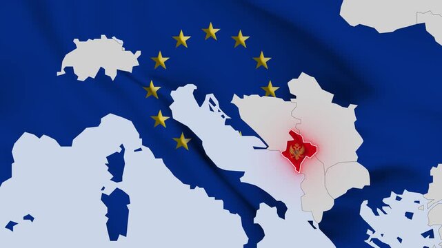 Animated map of Balkans highlighting Montenegro transitioning from national flag to European Union flag symbolizing EU accession