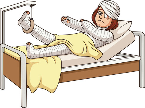 Cartoon heavily injured woman in hospital bed vector illustration