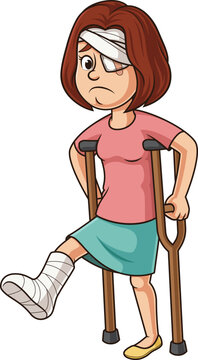 Cartoon injured caucasian woman with broken leg vector illustration
