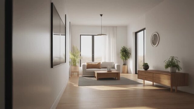 camera slowly moves sideways cinematic corner reveal inside a minimalist living room