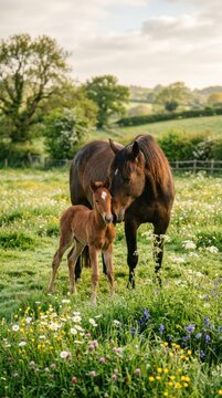A mare with her newborn foal stand peacefully within a lush green meadow during a summer morning.