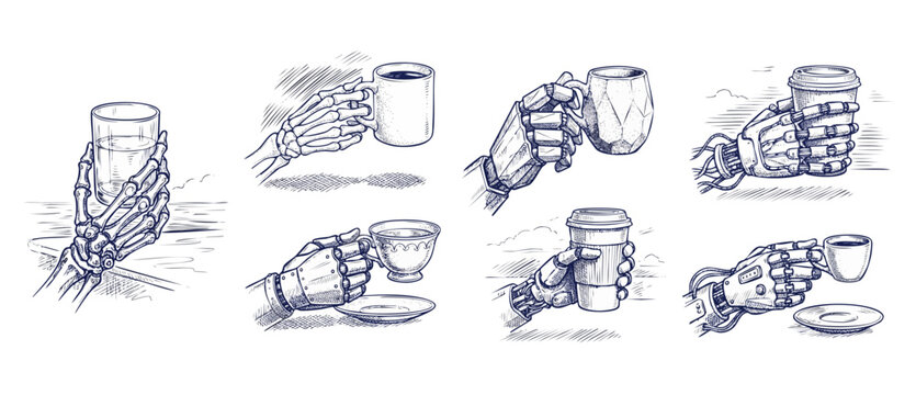 Robot hand skeleton hand holding coffee cup mug line art illustration set of cybernetic and bone hands with drinks for sci-fi, Halloween, cafe, retro vintage sketch style design elements.