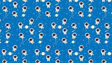 Astronauts float in space with planets and stars. They appear cheerful, exploring distant galaxies. Bright blue background adds a playful tone. Pattern repeats across the image © rochmuch