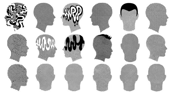 A set of 20 different one-color flat vector human head silhouettes and profiles, heavy halftone stipple effect, grunge punk y2k collage design, pop art style dotted crazy elements. Surreal distortions
