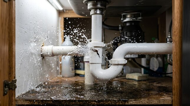 Water Spraying from Burst PVC Pipe Under Kitchen Sink, Broken P-Trap Plumbing Leak Emergency, Household Drainage Damage and Disaster Concept