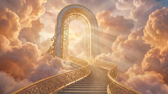 Stairway to heaven a majestic golden archway leading into a bright, ethereal portal amidst soft, glowing clouds in a dreamlike celestial landscape