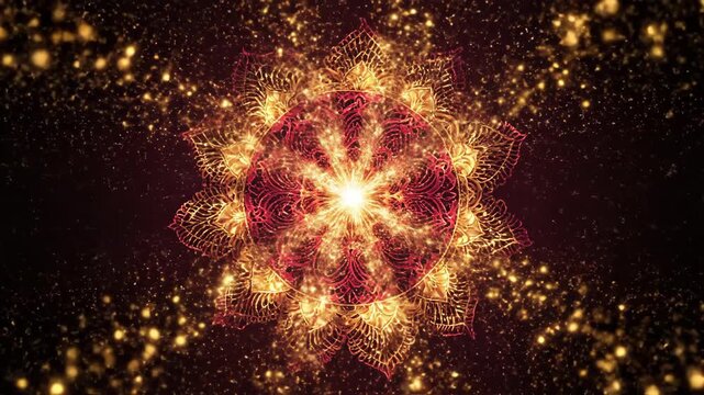 Glowing golden mandala pattern shining on dark background.