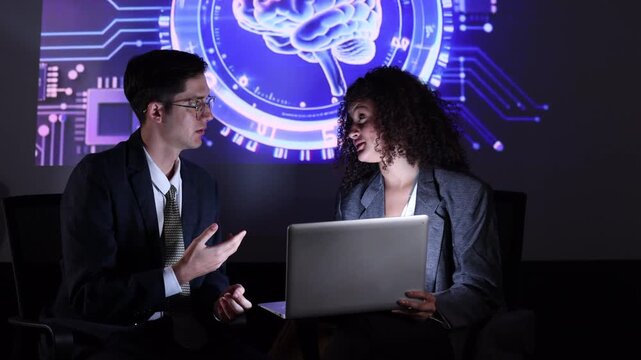 Seminar woman with man in conversation for ai governance, machine learning, Presenter promoting artificial intelligence solutions, Strategy plan to executive write prompt AI bot IT app program.