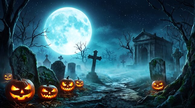 Spooky halloween graveyard at night with glowing jackolanterns, a large full moon, ancient tombstones, and a mysterious stone mausoleum in the mist