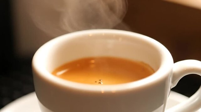 Close-up of a steaming hot cup of espresso coffee, perfect for a morning boost.