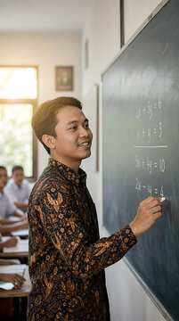 Indonesian teacher wearing traditional batik clothing writes mathematical equations on a classroom chalkboard during a lesson