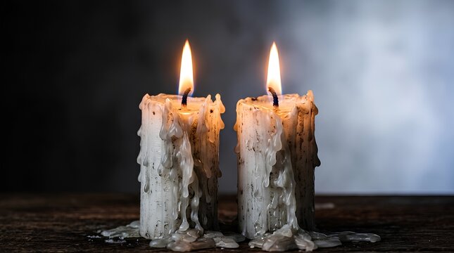 Two Burning White Candles with Melting Wax on Rustic Wooden Surface, Bright Flame in Dark Studio Background, Memorial or Spiritual Concept