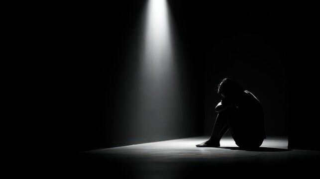 Lonely person sitting under dramatic spotlight symbolizing loneliness emotional isolation and mental health concept