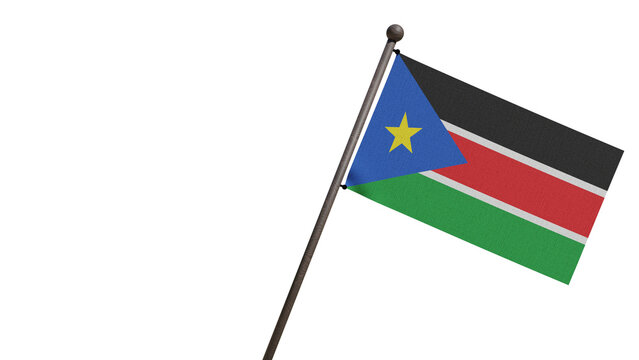 A realistic 3D render of the South Sudan national flag waving on a wooden flagpole, isolated against transparent background with copy space