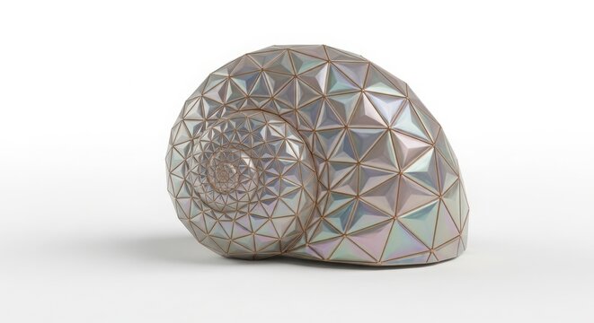 A shiny silver metallic geometric snail shell with a modern abstract triangle design