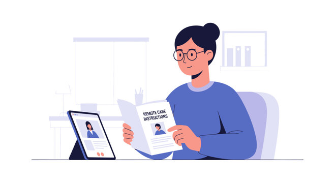 Woman reviewing resume and tablet, online job application, remote work concept