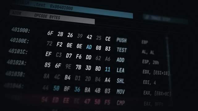 3D rendering of hexadecimal code display in low level programming and reverse engineering with dynamic zoom and diagonal angle