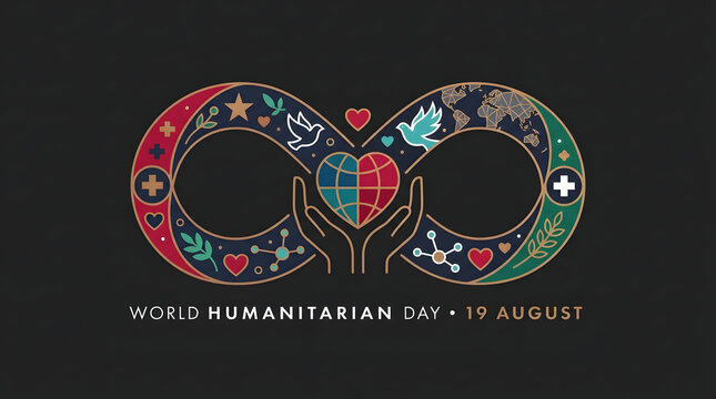 World humanitarian day graphic design featuring infinity symbol with hearts globe hands and icons