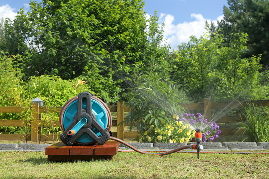 A garden hose reel with a sprinkler connected to it is standing on a wooden pedestal and  spraying water on the plants in front of a yellow wooden hedge in a summer garden.